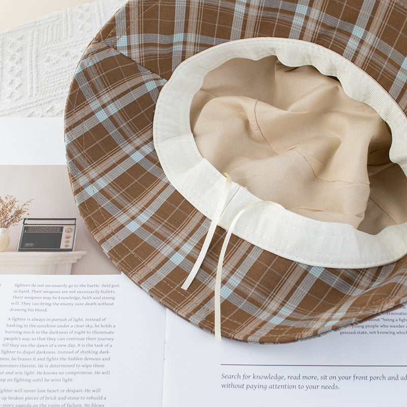 Wholesale British Vintage Plaid Fisherman Hat Children's Belt Buckle Sun Protection Basin Hat Face Showing Small Sun Hat